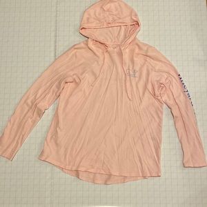 Pink hooded long sleeve with fun, colored lettering and Vineyard Vines whale.